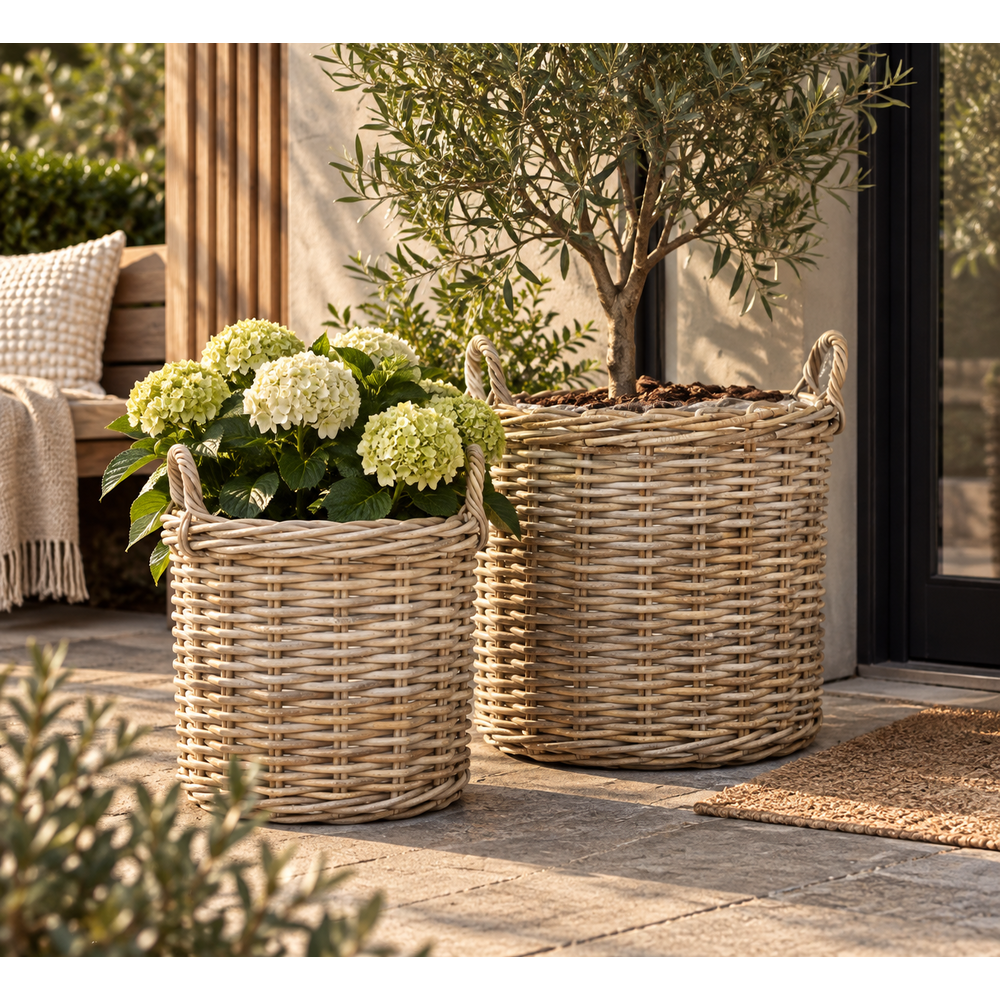Logbasket Cylinder Rattan Basket w/handles Set 2.