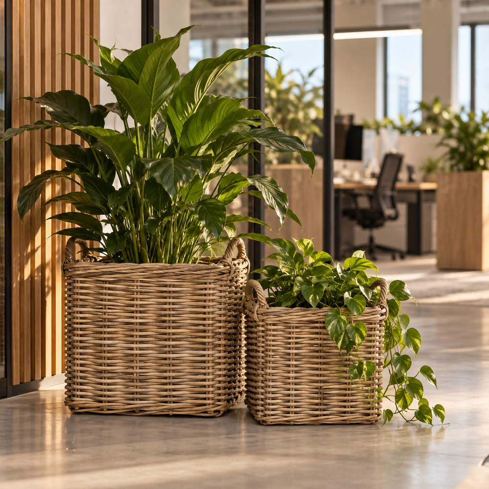 Logbasket Square Rattan Basket w/handles set 2 .