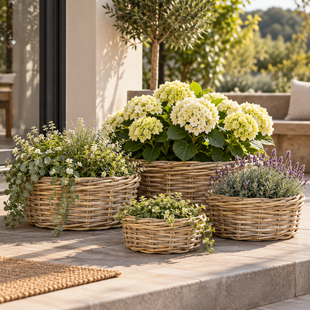 Cylin. Basket low Rattan incl. Plastic lining S/4.